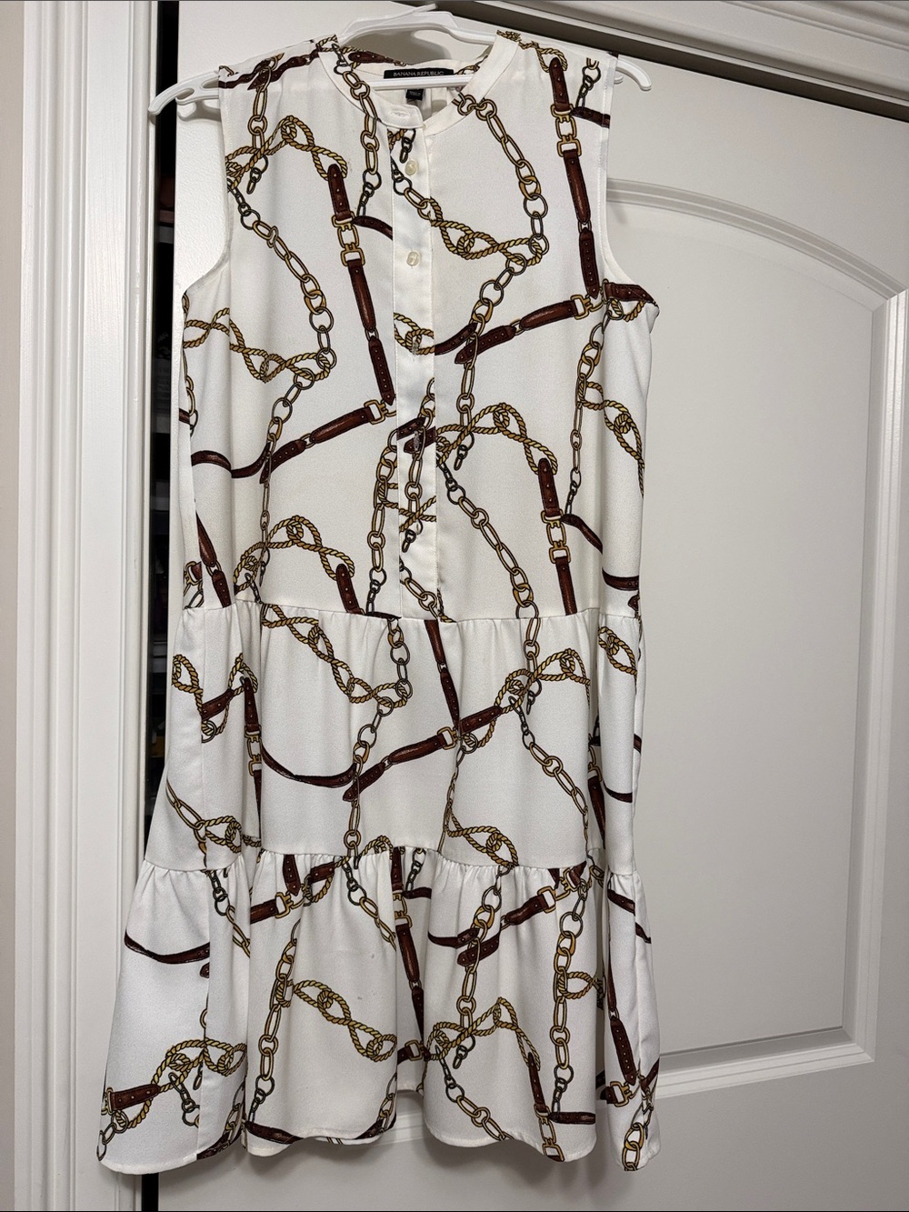 Banana Republic White Sleeveless Chain-Print Tiered Mini Dress